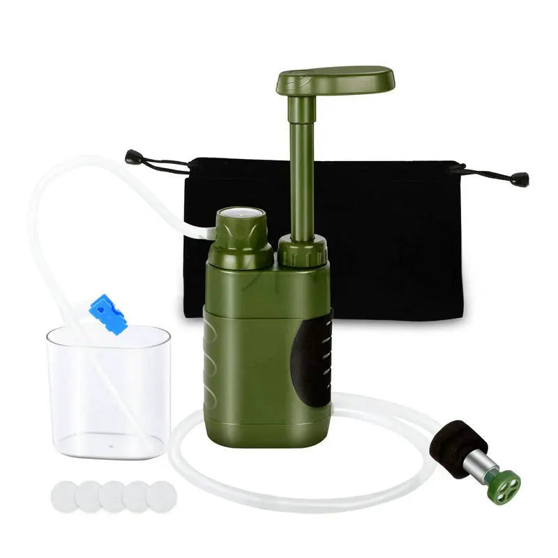 Portable outdoor water filter pump with a 0.01-micron, 3-stage filtration system, suitable for hiking and camping. V.I.P Digital Presence