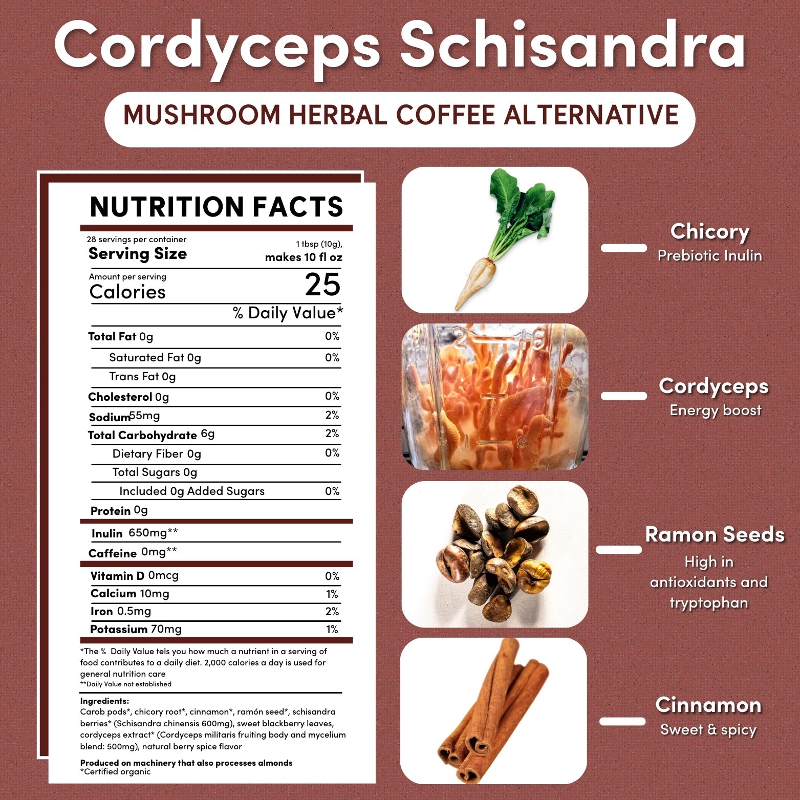 Cordyceps Schisandra Cinnamon Berry Mushroom Herbal Coffee Teeccino