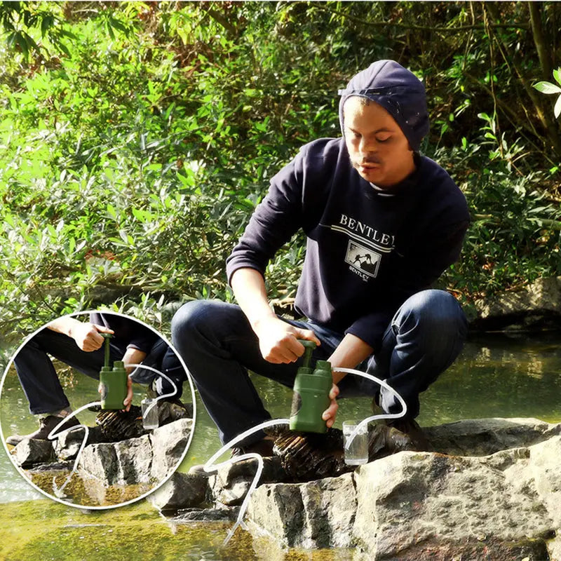 Portable outdoor water filter pump with a 0.01-micron, 3-stage filtration system, suitable for hiking and camping. V.I.P Digital Presence