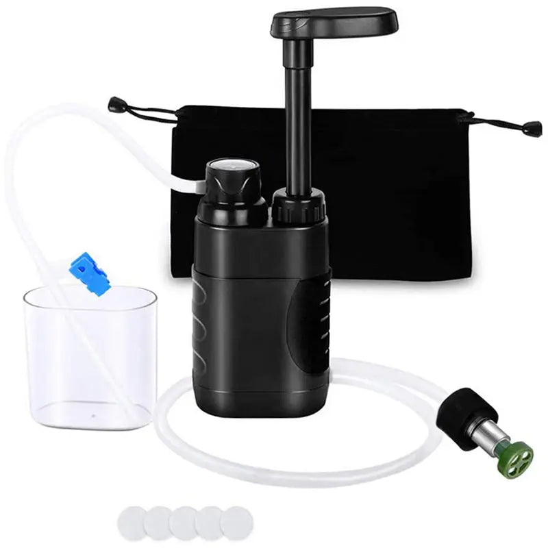 Portable outdoor water filter pump with a 0.01-micron, 3-stage filtration system, suitable for hiking and camping. V.I.P Digital Presence