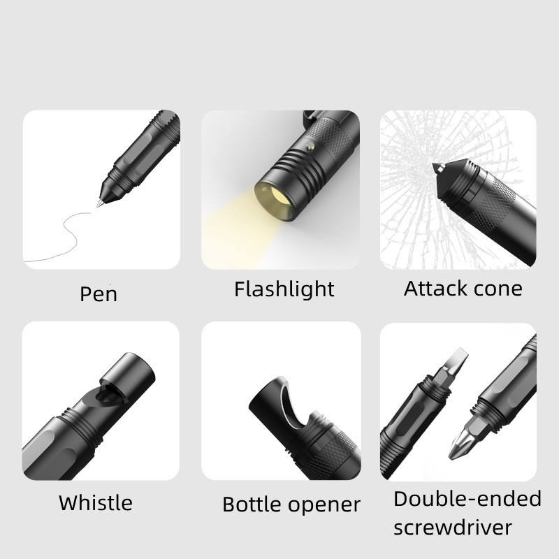 Multifunctional Tactical Pen Flashlight Defense Pen Broken Window Hammer EDC Outdoor Supplies Self-Defense Survival Tools Aluminum Alloy V.I.P Digital Presence