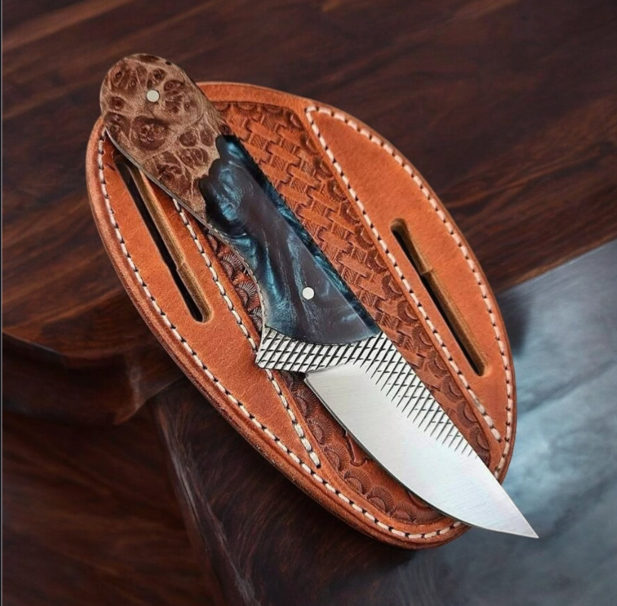 Handcrafted Cowboy Fixed Blade Knife – 9" Rasp Steel Outdoor Knife with Resin & Wood Handle + Leather Sheath Texan Knives