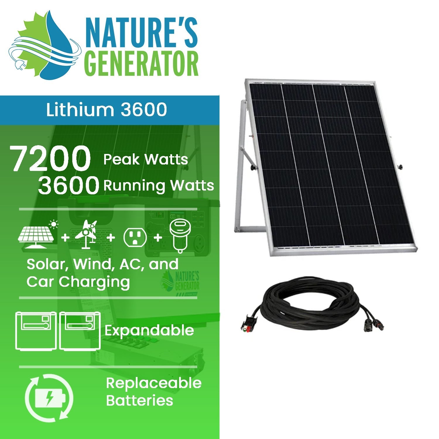 Nature's Generator Lithium 3600 Solar Generator and Transfer Switch Nature's Generator