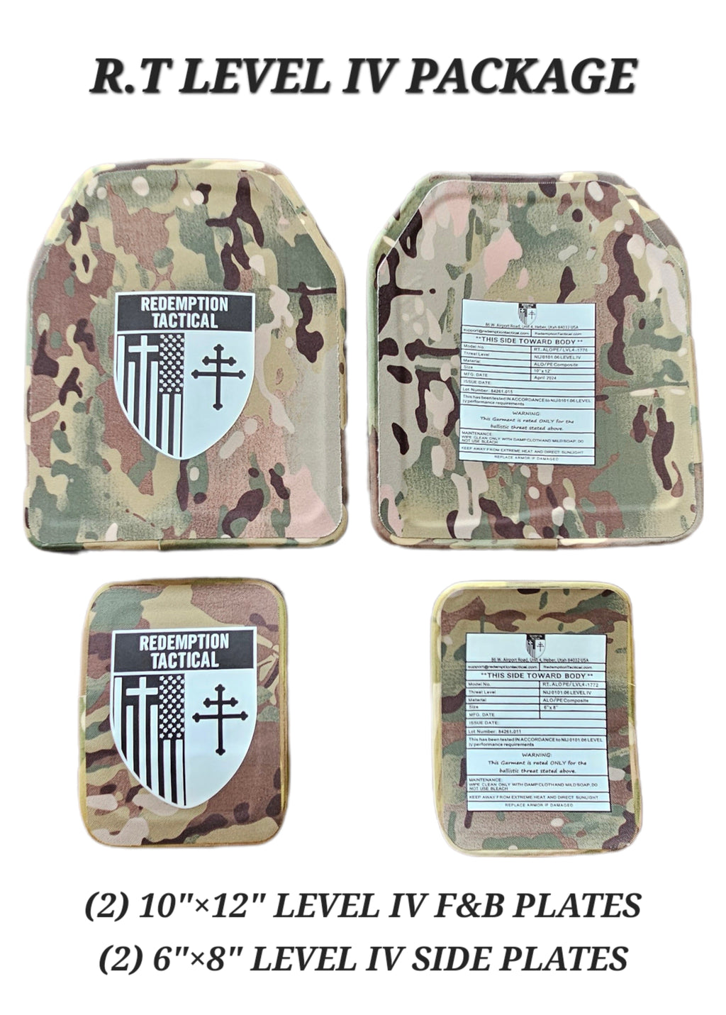 Redemption Tactical CRUSADER 2.0® V4 ARMOR FULL KIT COMBO PACKAGE LIGHTWEIGHT LEVEL IV  (2) 10x12 Front/Back Plates (2) 6x8 Side Plates (Level III PE) Redemption Tactical
